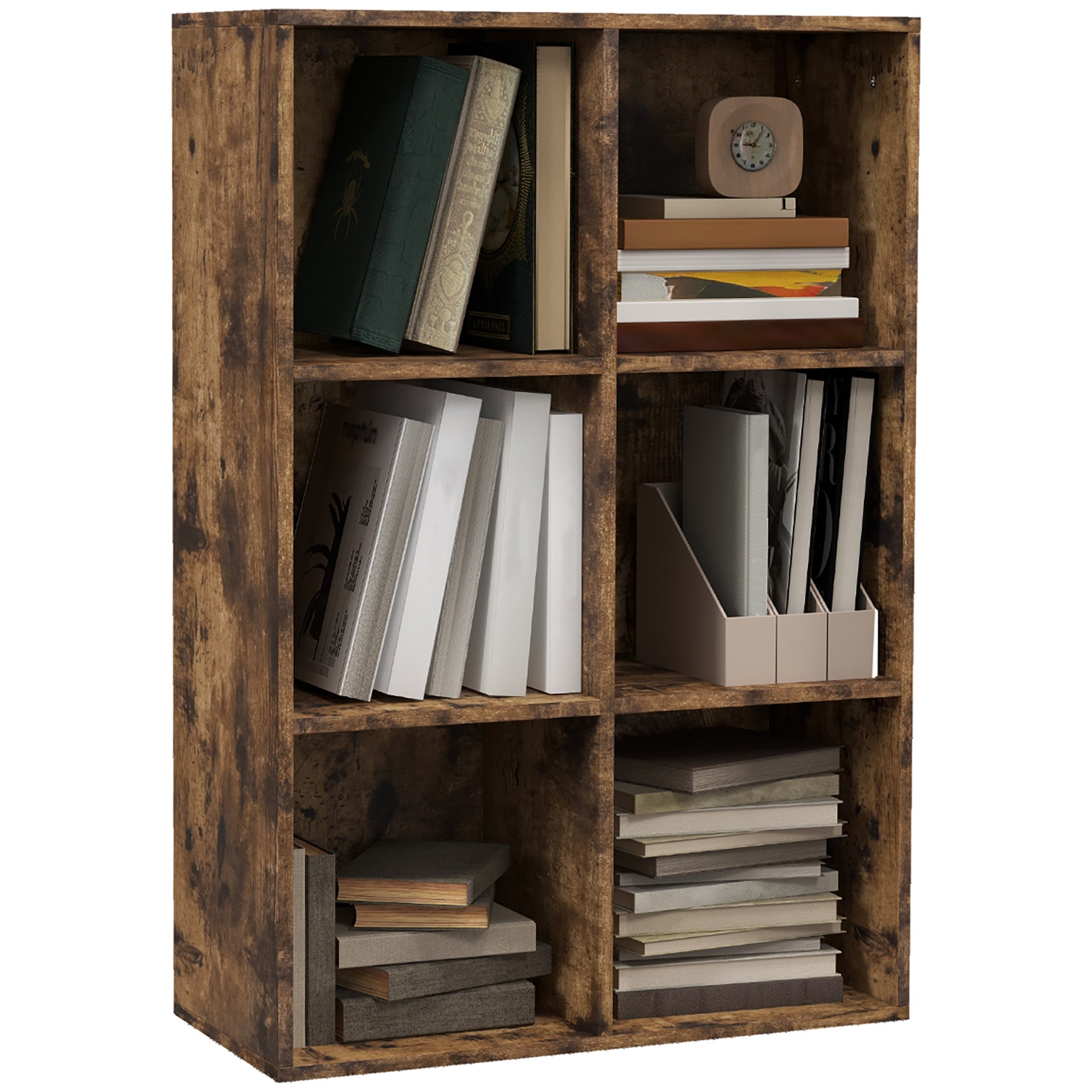 HOMCOM Six-Cube Bookcase - Rustic Brown Wood Effect 