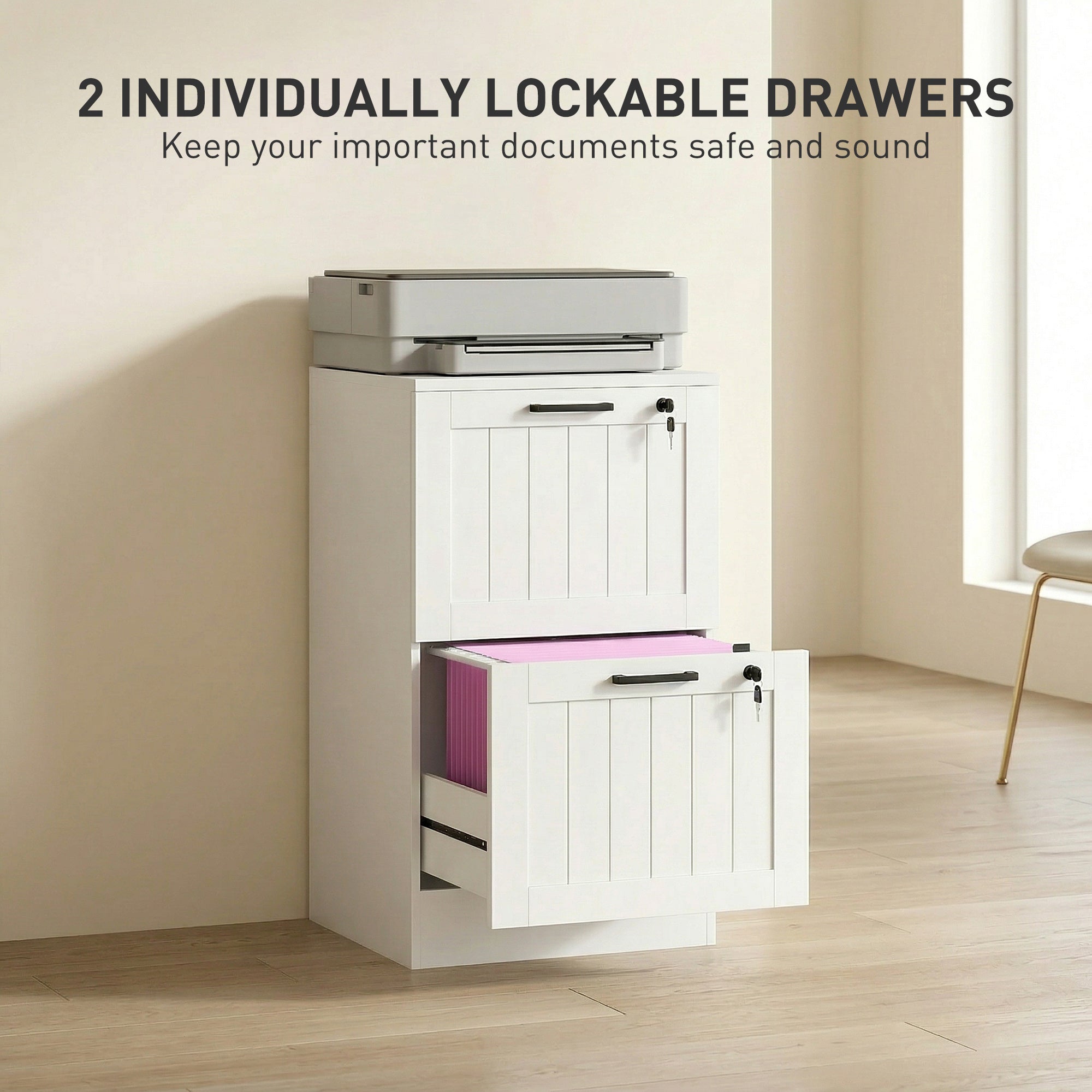 HOMCOM 2 Drawer Filing Cabinet with Lock, Office Storage Cabinet with Adjustable Hanging Bars for A4 Letter Size Files, White 