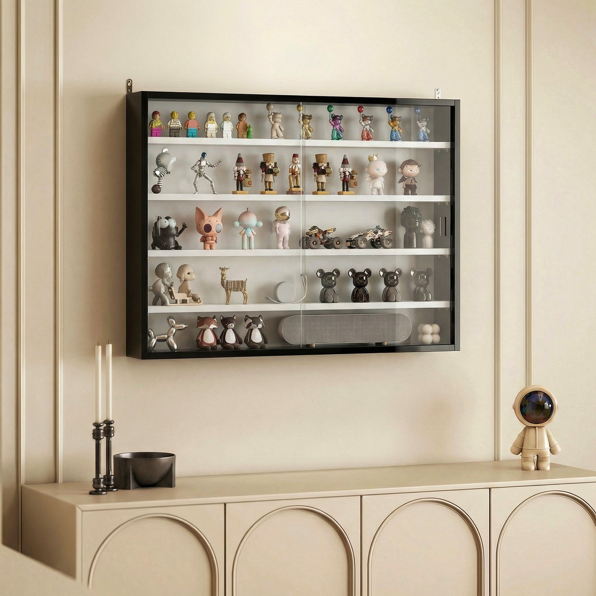 HOMCOM 5-Tier Wall Display Cabinet,  Wall Mounted Display Case w/ 4 Adjustable Shelves, Glass Doors, 60x80cm, Black and White 