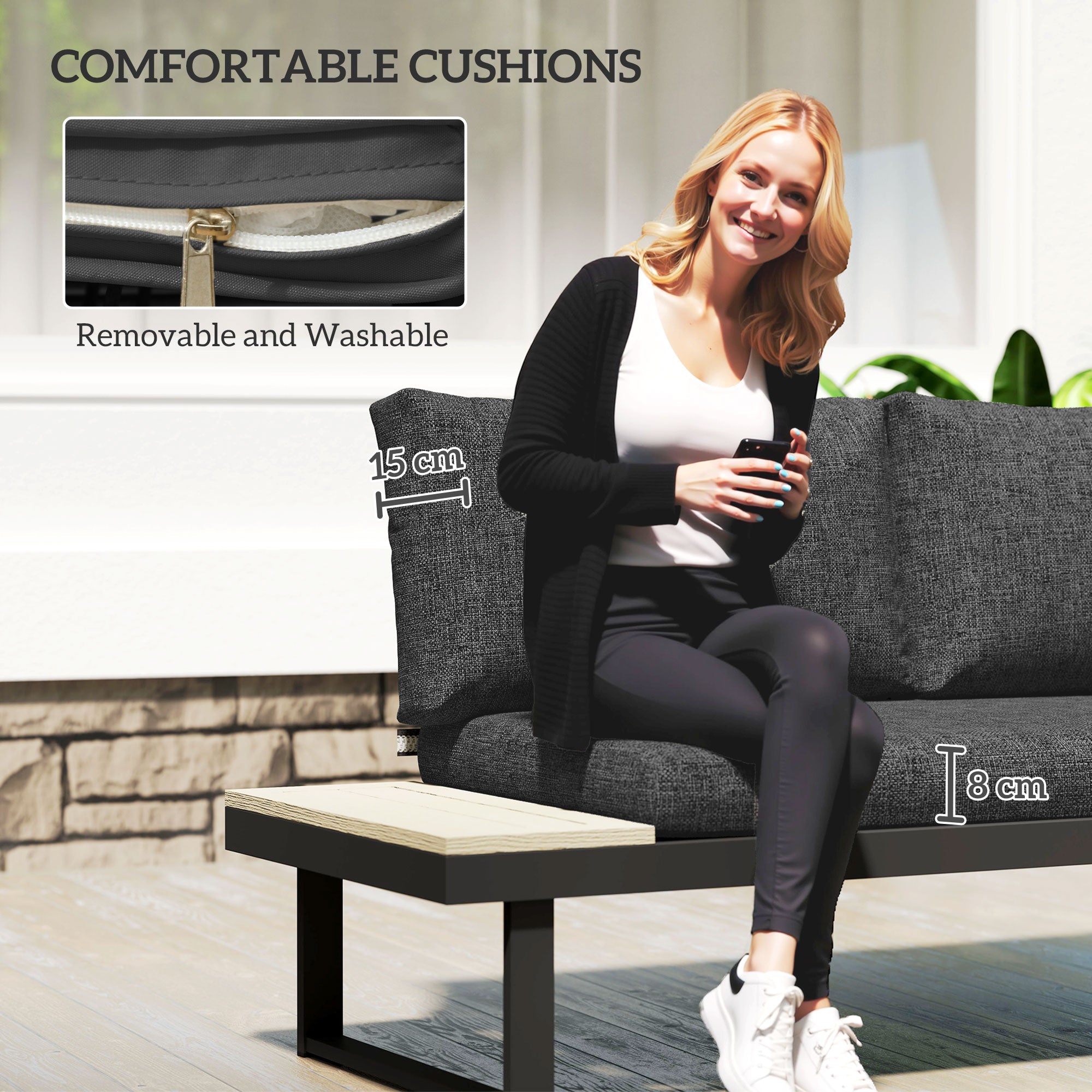 Outsunny 4 Seater L Shaped Aluminium Sectional Garden Furniture Set with 2 Loveseats and Wood-Plastic Coffee Table - Dark Grey 