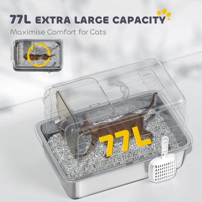 PawHut Stainless Steel Cat Litter Box with Removable Lid, Scoop, Filter Bags, for Larger Cats, Grey