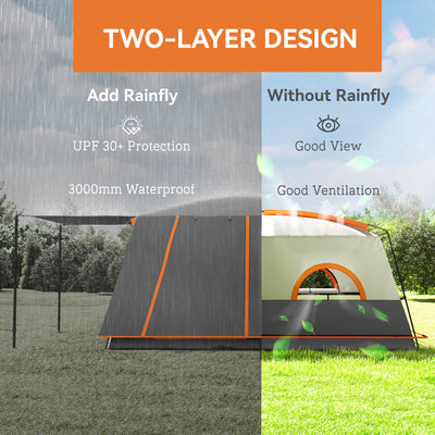 Outsunny 4-6 Man Camping Tent, Double Layer Tunnel Tent with Porch, Living Area and 2 Bedrooms, Sewn in Groundsheet, 3000mm Waterproof and UPF 30+, Portable with Bag, Grey 