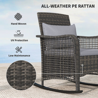 Outsunny Garden Rocking Chair, Outdoor Rattan Rocker Lounge Chair with Seat and Back Cushions, Patio Armchair Seat with All-weather Wicker, Steel Frame for Porch Balcony, Light Grey 
