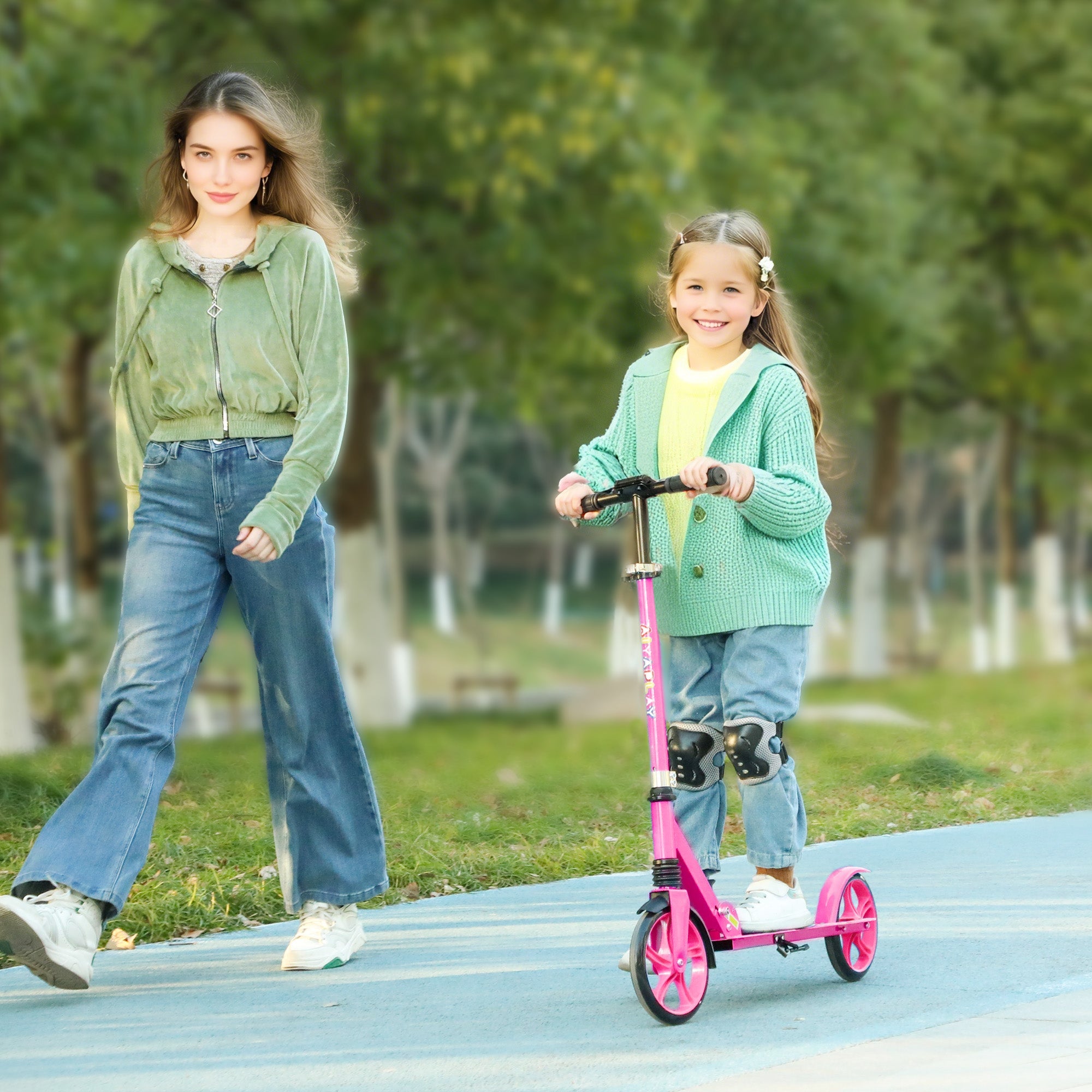 AIYAPLAY Foldable Kids Scooter with Adjustable Handlebar, 200mm Big Wheel, Rear Fender Brake, Gift for Ages 6-12 Years, Pink 