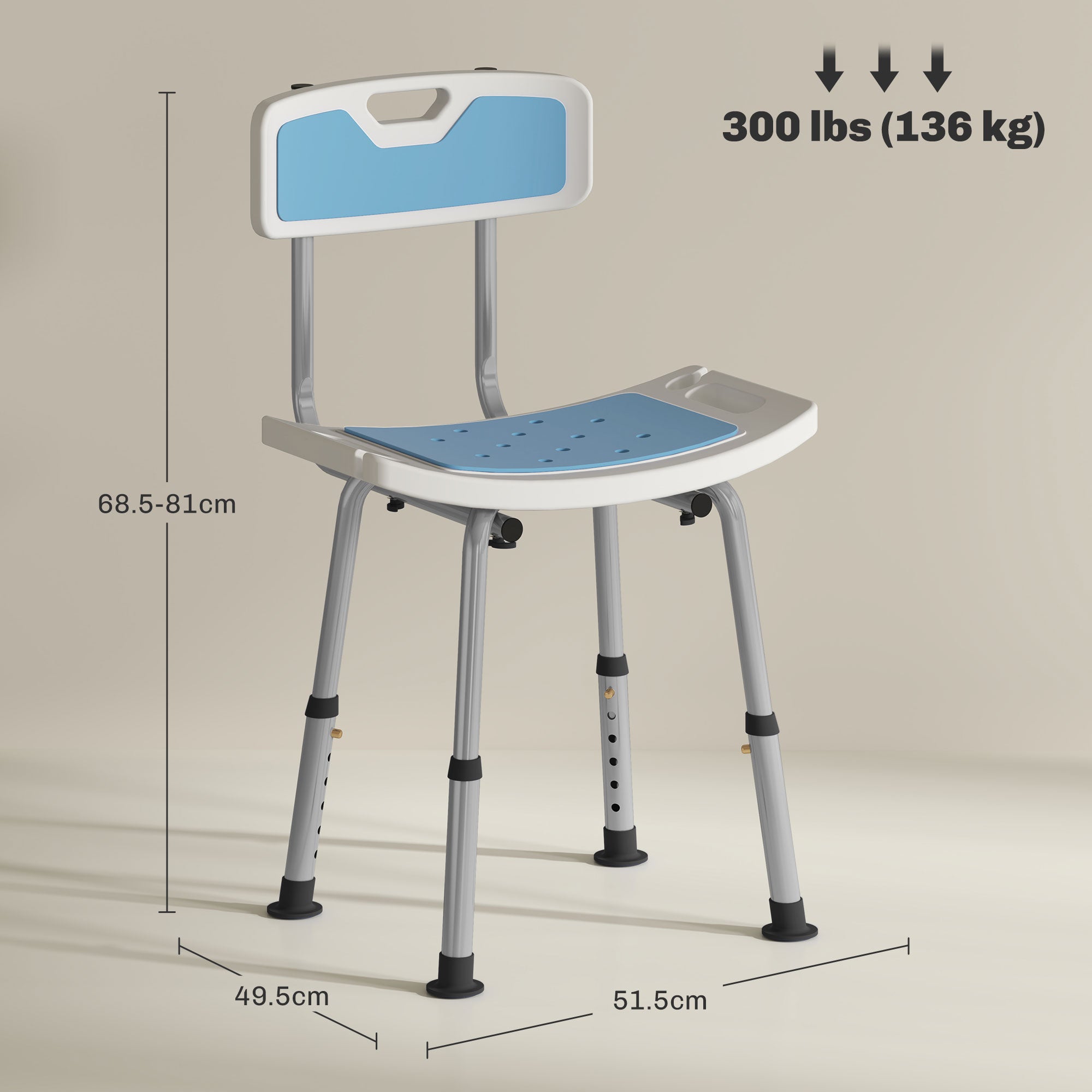 HOMCOM Shower Stool with Backrest, Height Adjustable Shower Chair with Anti-slip Foot Pads, Shower Head Holder, Light Blue 