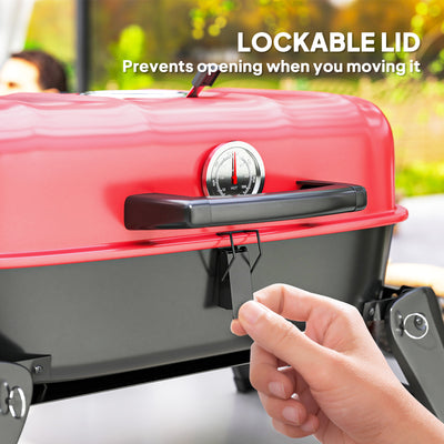 Outsunny Charcoal Barbecue Grill Folding BBQ Grill with 1232 cm² Cooking Area, Adjustable Vent, Thermometer, Handles for Camping Picnic, Red 