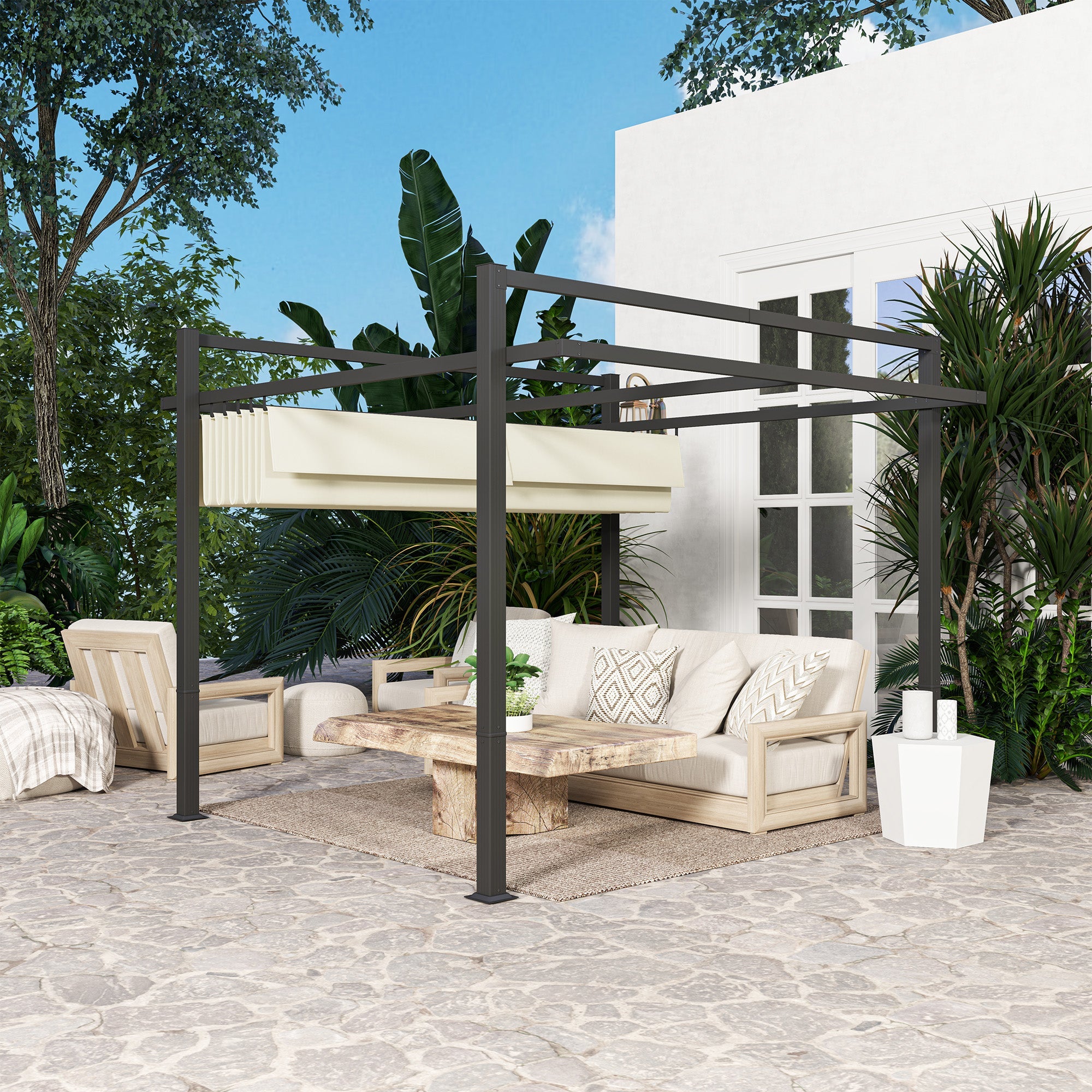 Outsunny 3 x 3m Aluminium Pergola, with Retractable Roof - Grey/Khaki 