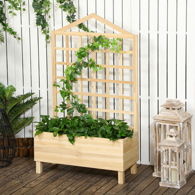 Outsunny Garden Planters with Trellis for Vine Climbing, Distressed Wooden Raised Beds, 90x43x150cm, Natural Tone 