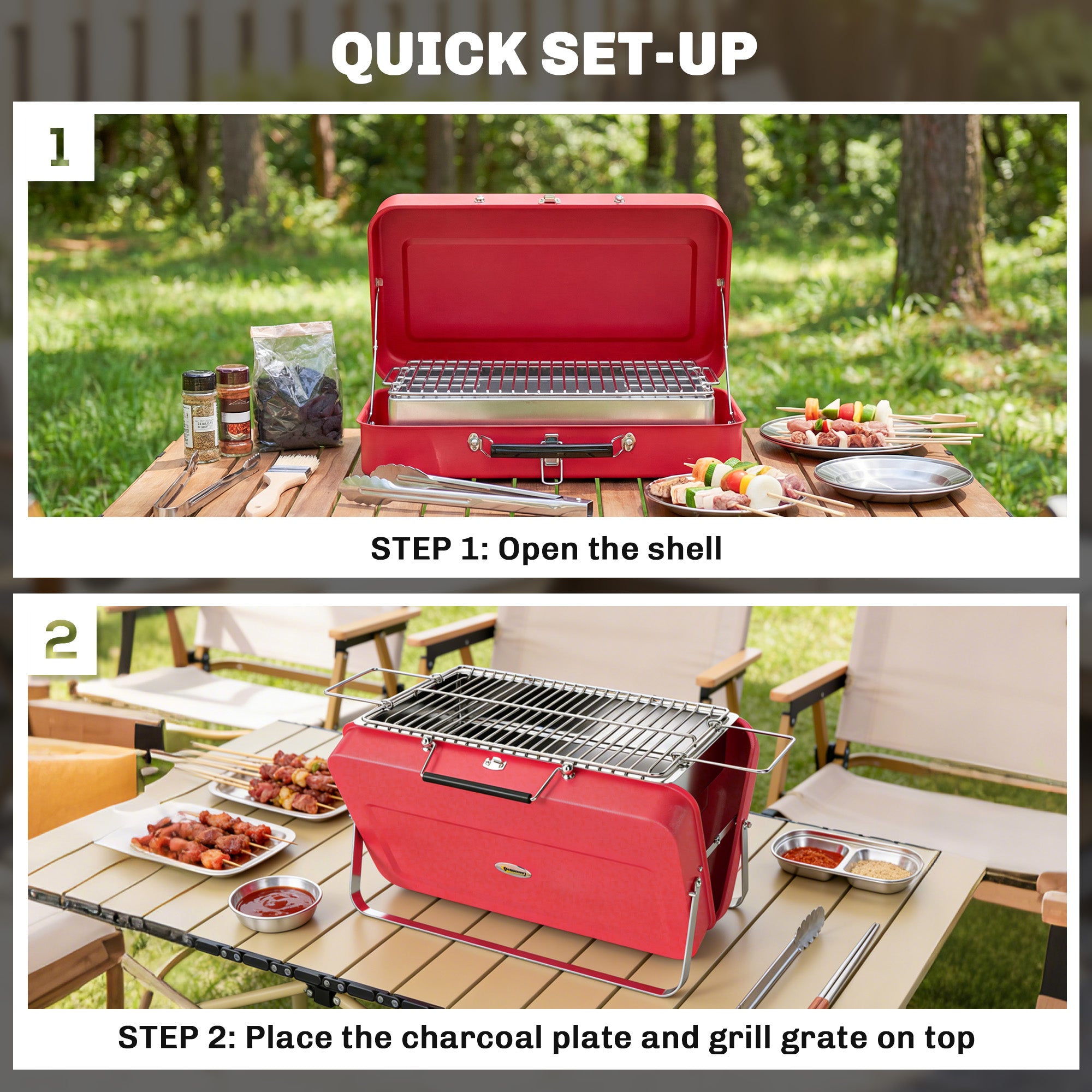 Outsunny Portable Mini Charcoal Barbecue Grill with Suitcase Shell, Outdoor Folding Tabletop BBQ Grill, Red 