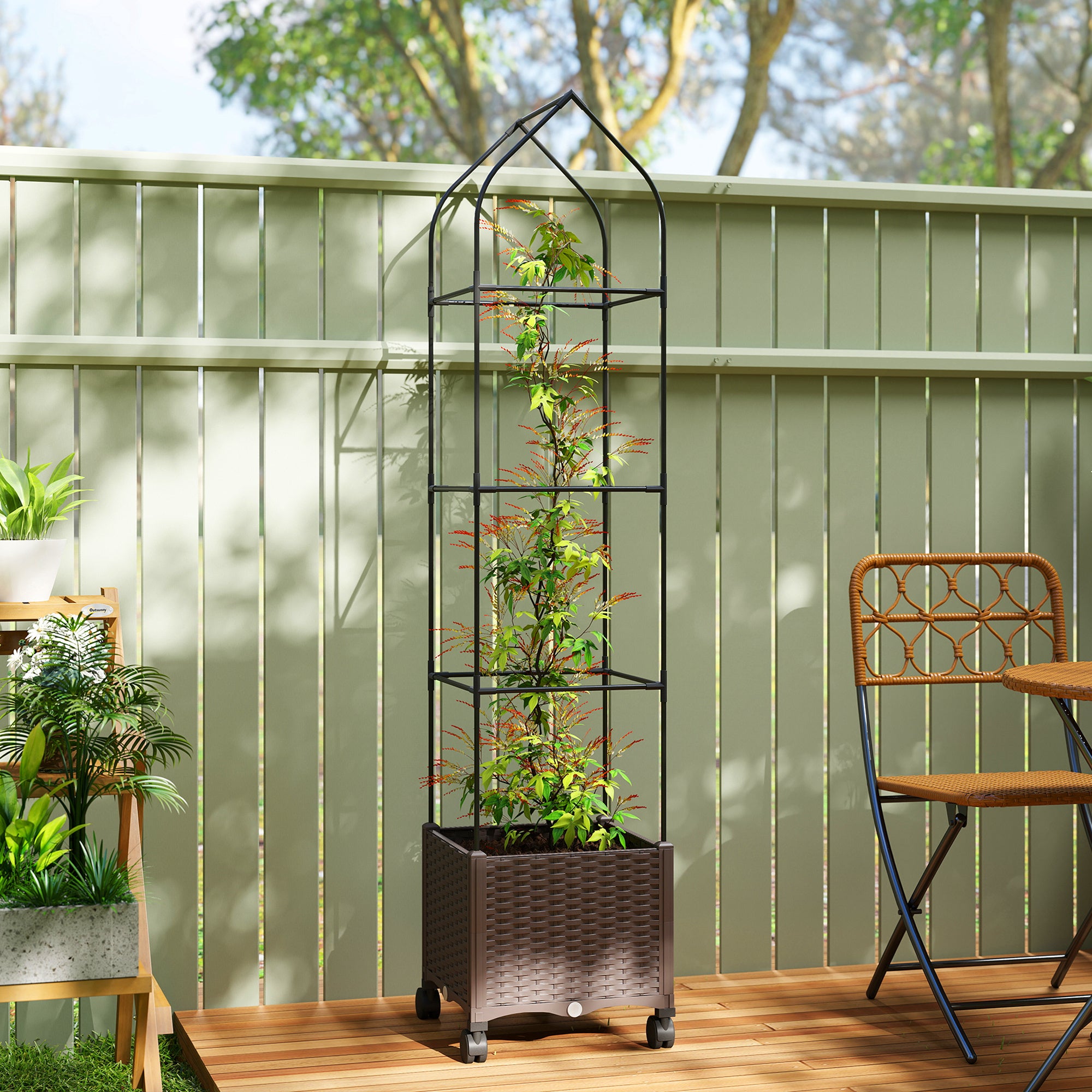 Outsunny Raised Garden Bed with Trellis, Tomato Cage with Lockable Wheels, Self Watering Planter Box with Drainage Holes, Brown 
