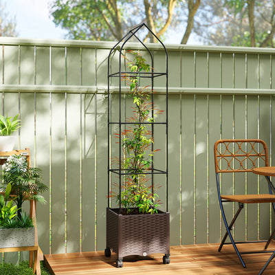 Outsunny Raised Garden Bed with Trellis, Tomato Cage with Lockable Wheels, Self Watering Planter Box with Drainage Holes, Brown 