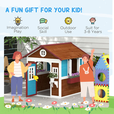 Outsunny Wooden Playhouse with Doors, Windows, Plant Pots, Boxes, for 3-8 Years - Dark Brown 