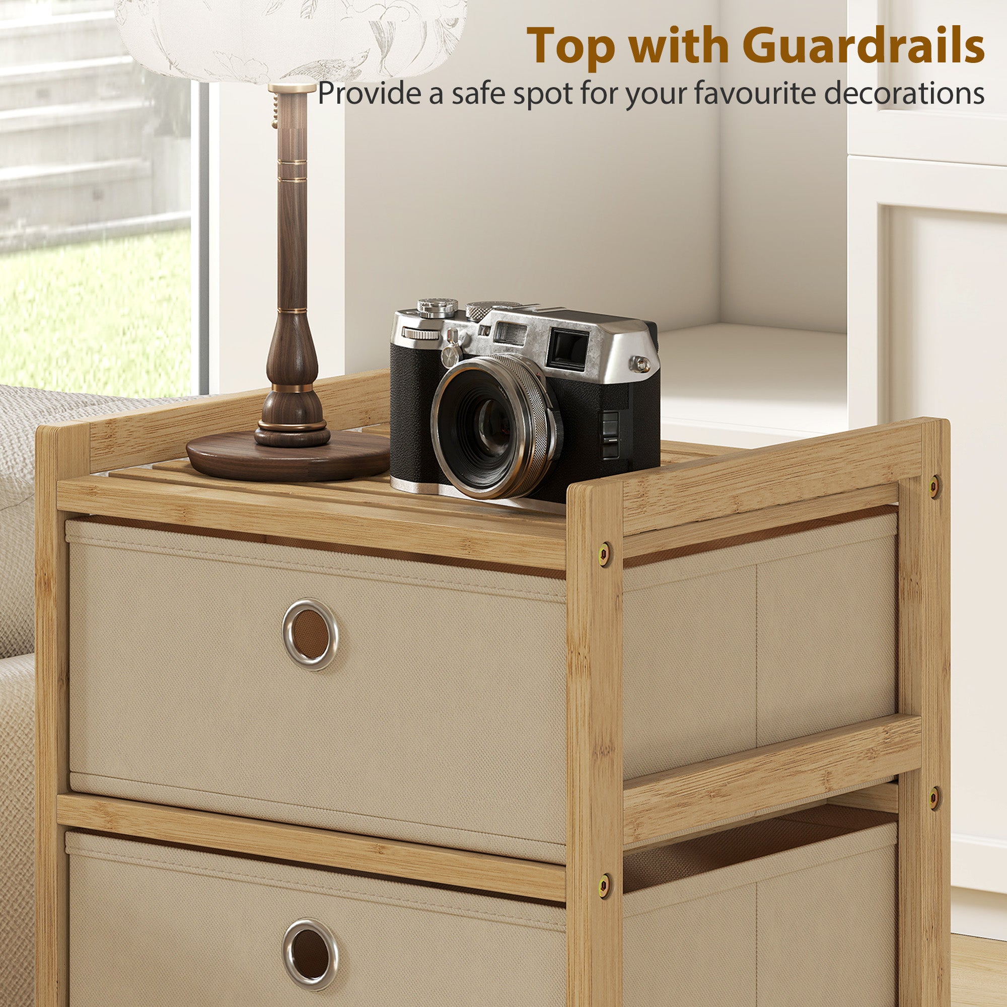 HOMCOM Chest of Drawers, 3 Fabric Drawers Narrow Dresser with Bamboo Frame, Cream White 