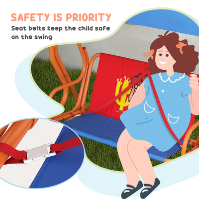 Outsunny Two Seater Kids Garden Swing, Cowboy Themed kids Swing Chair with Adjustable Canopy, Safety Belts for Outdoor Use 