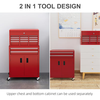 HOMCOM Portable Tool Box, Metal Tool Chest on Wheels with 6 Drawers for Garage and Workshop, Red 