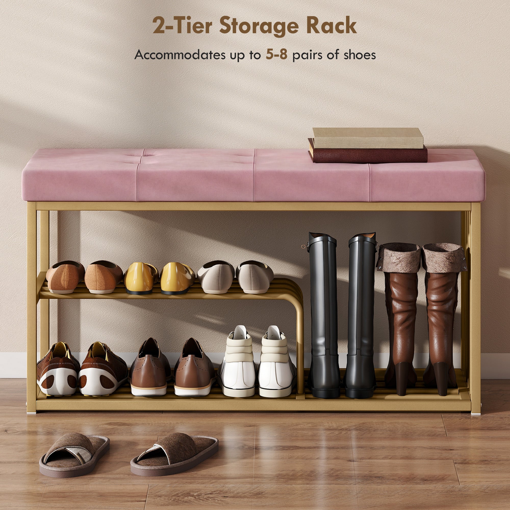 HOMCOM Bench and Shoe Storage, Tufted Shoe Storage Bench with Velvet Seat Cushion Gold Steel Frame for Entryway, Pink 
