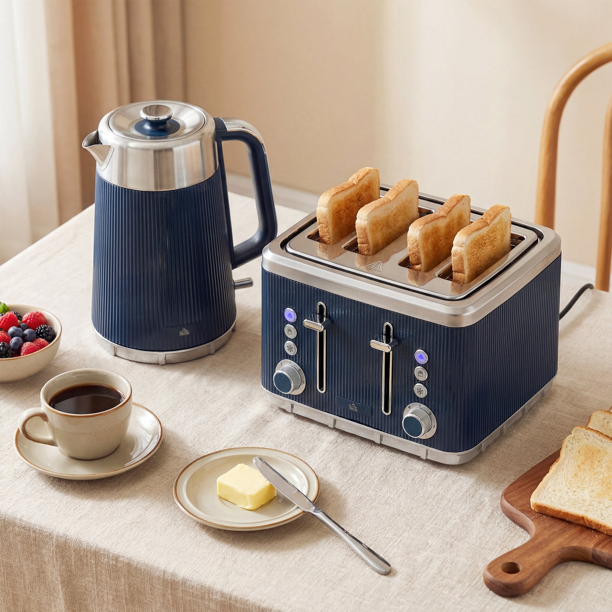 HOMCOM Electric Stainless Steel Kettle and Toaster Set, 3000W 1.7L UK Strix Thermostat Dark Blue 