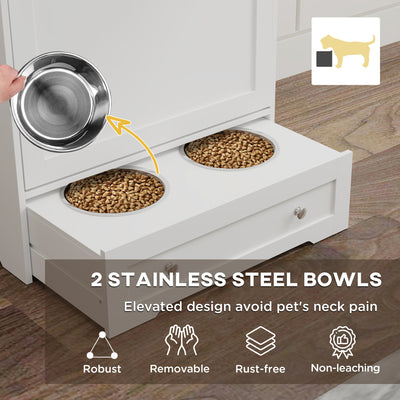 PawHut Dog Feeding Station with 2 Storage Cabinets, 2 Elevated Bowls, Side Hooks, Anti-tip Kit for Water and Feeding Supplies 