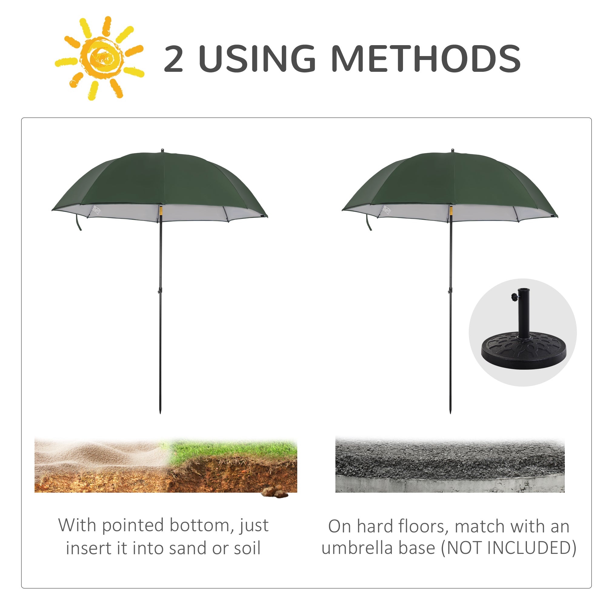 Outsunny 2m Beach Parasol Fishing Umbrella Brolly with Sides and Push Botton Tilt Sun Shade Shelter with Carry Bag, UV30+, Green 