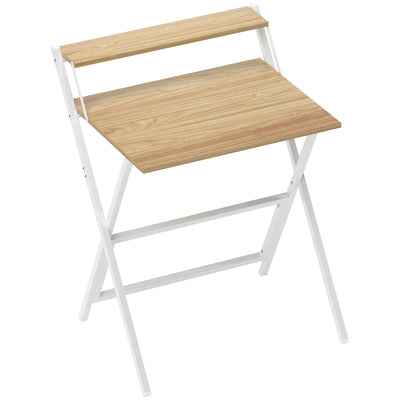 HOMCOM 70 cm Folding Computer Desk with Monitor Shelf - Natural Wood Finish 