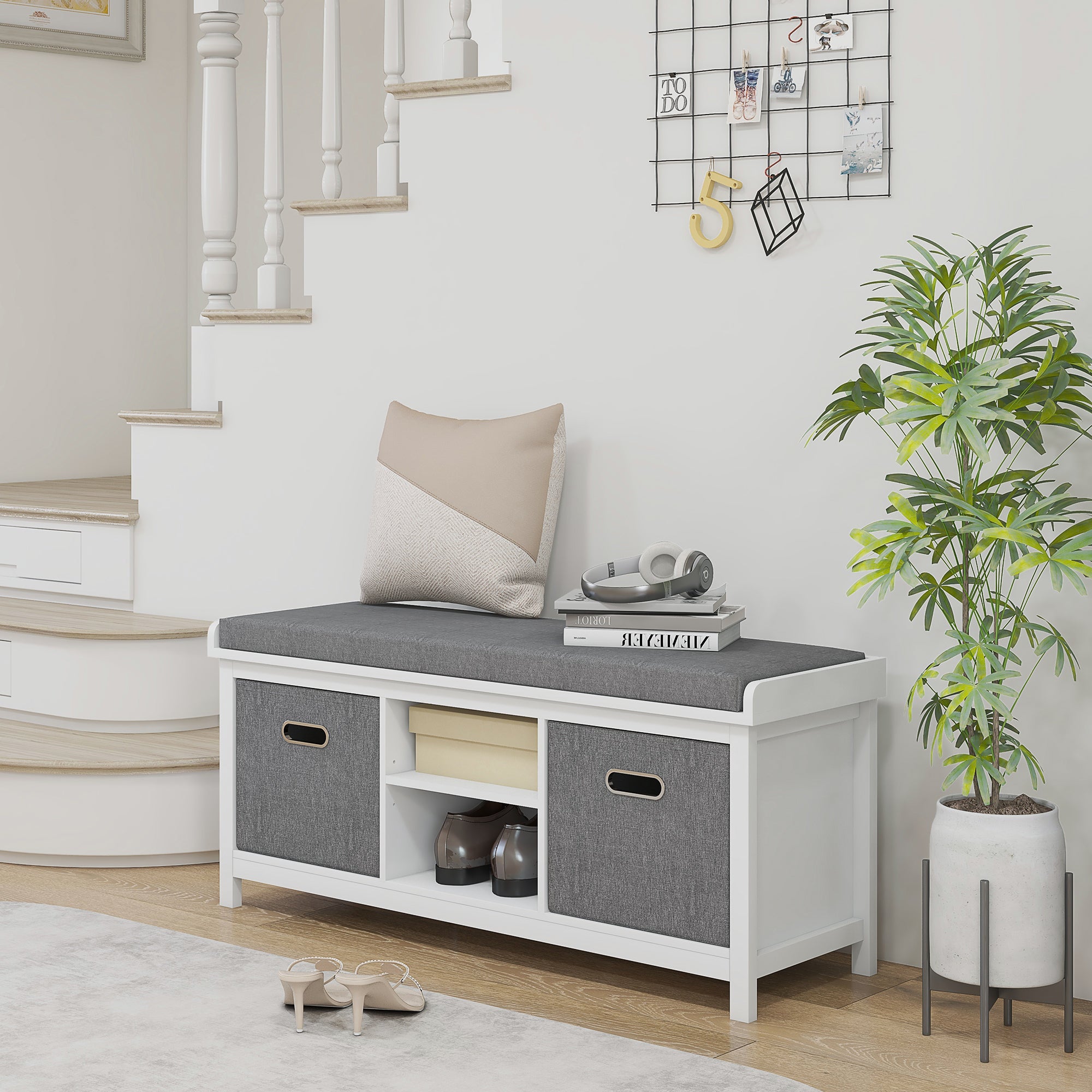 HOMCOM Shoe Storage Bench, with Cushion Seat - White/Grey 