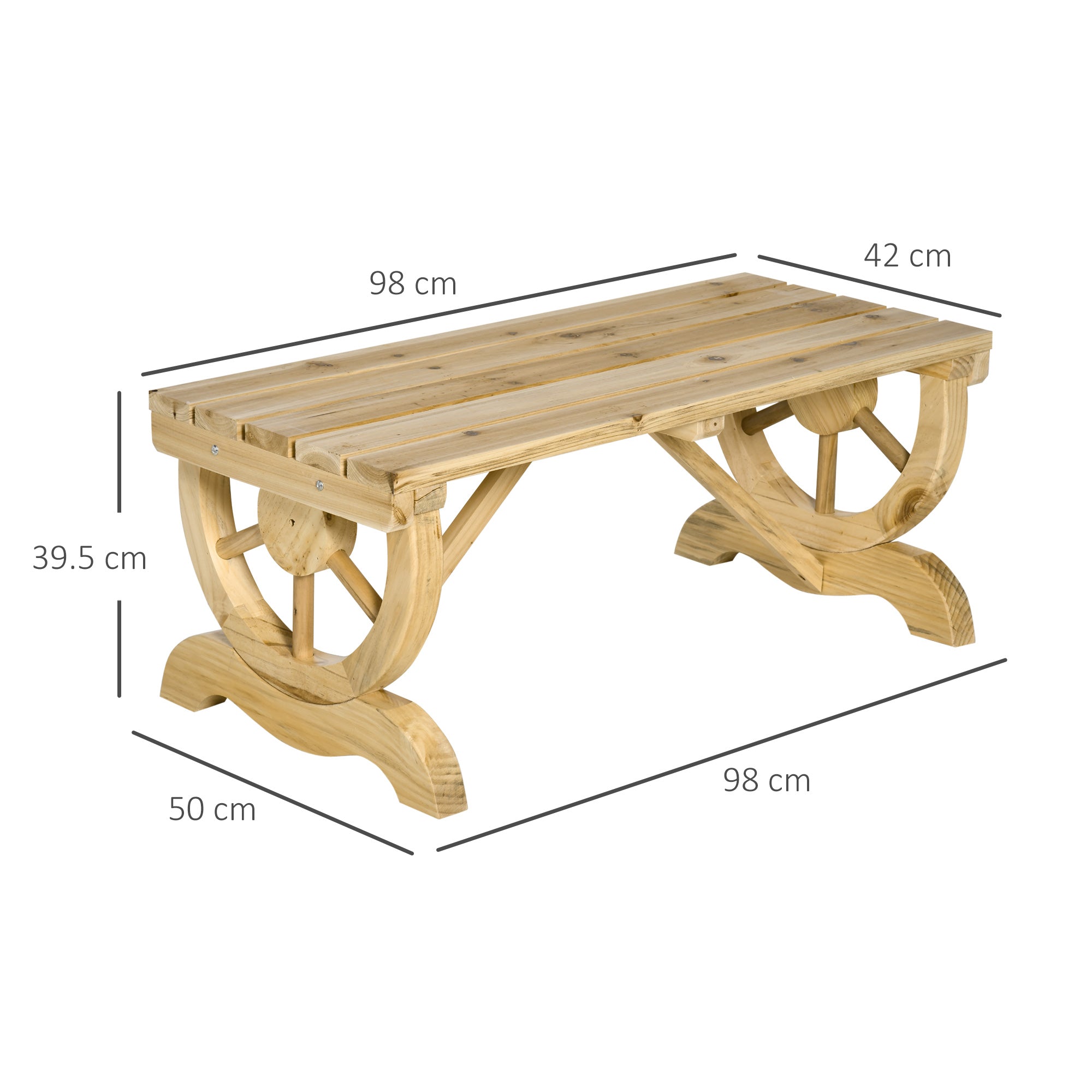 Outsunny 2-Person Garden Bench Rustic Wooden Outdoor Bench with Wheel-Shaped Legs Slatted Seat for Patio Natural Wood Effect 