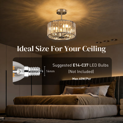HOMCOM Semi Flush Mount Modern Crystal Chandelier Ceiling Light, Crystal Ceiling Light Fixture with E14 Base, Silver Tone