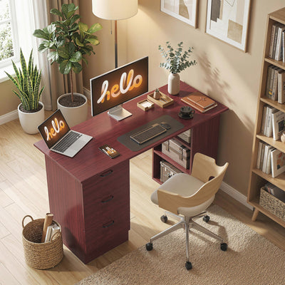 HOMCOM Computer Desk, Writing Table, PC Workstation with 3 Storage Shelves and Drawers, Handle, for Home Office, Walnut Brown 