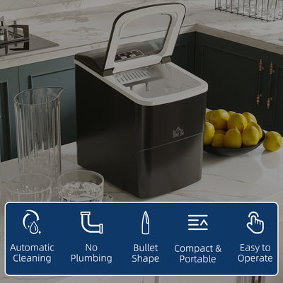 HOMCOM Portable Ice Maker Countertop, Bullet Ice Cube Machine, 9 Ice Cubes per 8 Minutes, Automatic Cleaning, Visible Window Scoop and Basket for Kitchen, Office, Bar, Black 