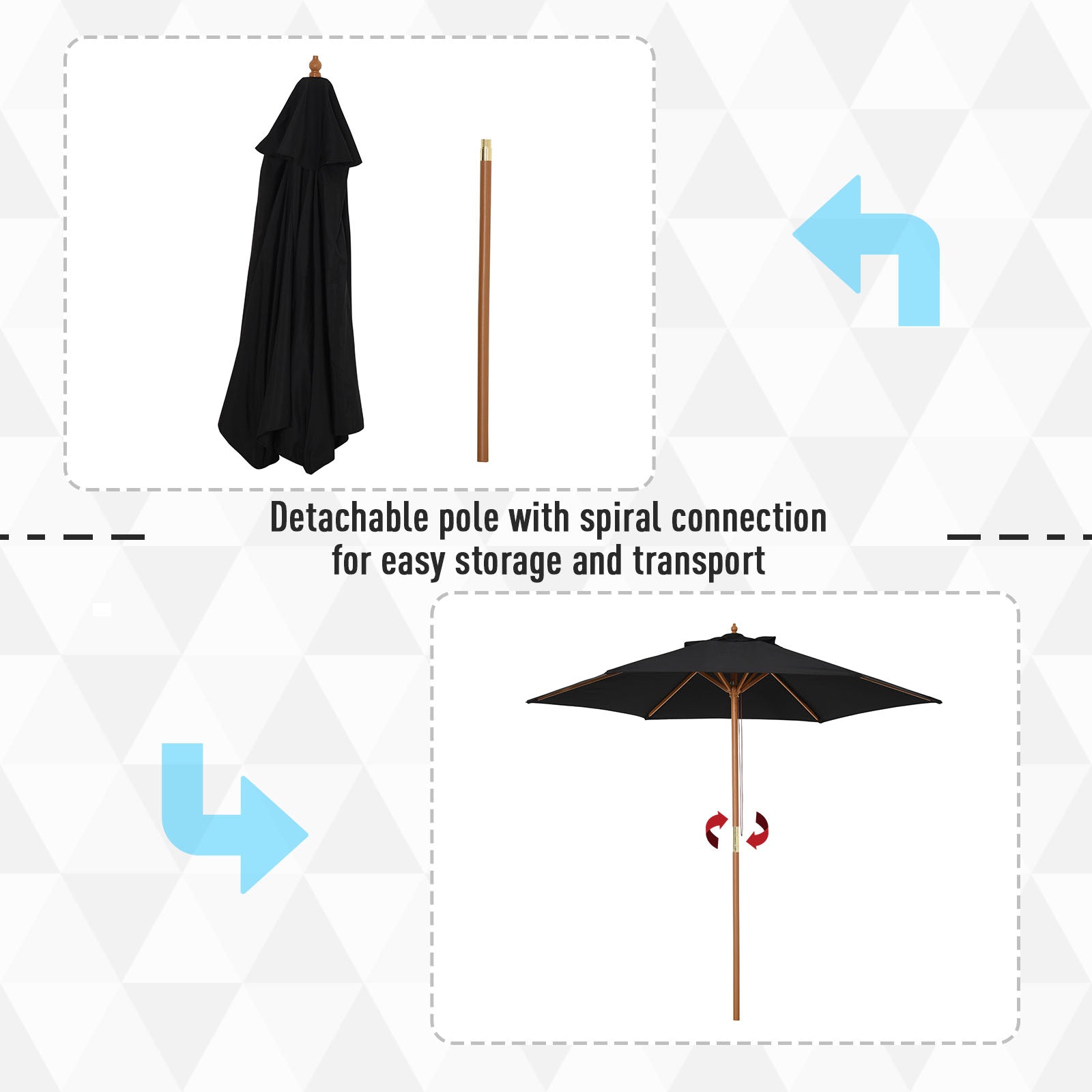 Outsunny Wooden Garden Umbrella Sun Shade with Top Vents, Bamboo Ribs and Sturdy Wood Pole, Black 
