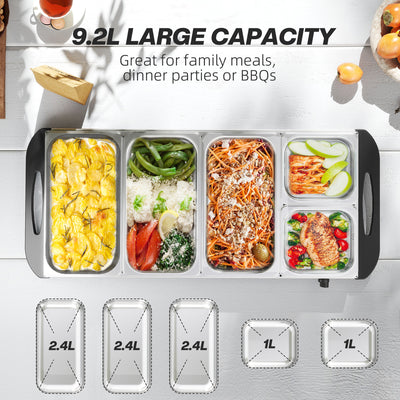 HOMCOM Electric Food Warmer 5 Tray, 9.2L Portable Buffet Server and Warming Tray with Lids, Adjustable Temperature Control and Cool Touch Handles, 450W, 3 x 2.4L and 2 x 1L, Silver Tone 