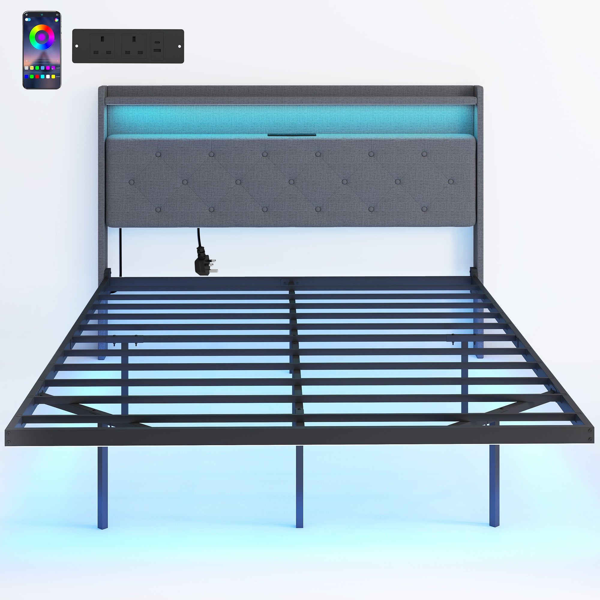 HOMCOM Floating Bed Frame, Upholstered 4ft6 Double Size Bed, Platform Bed with RGB LED Lights and Charging Station, Grey 