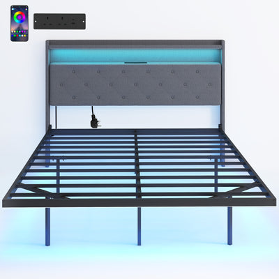 HOMCOM Floating Bed Frame, Upholstered 4ft6 Double Size Bed, Platform Bed with RGB LED Lights and Charging Station, Grey 