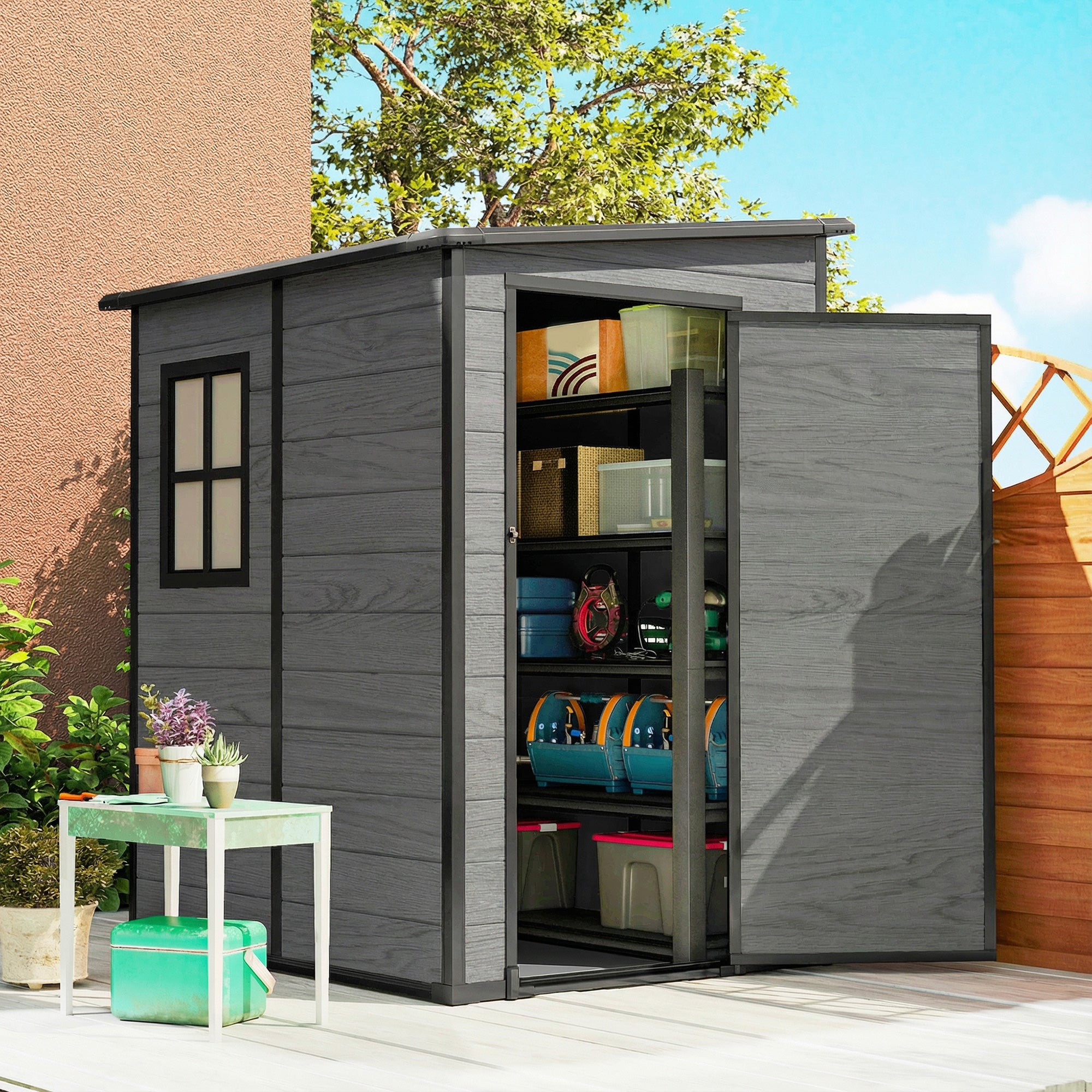 Outsunny 4'x5' Garden Storage Shed, Lean to Shed, Lockable Garden Shed with Window, Vent and Plastic Roof, Wood-Effect 