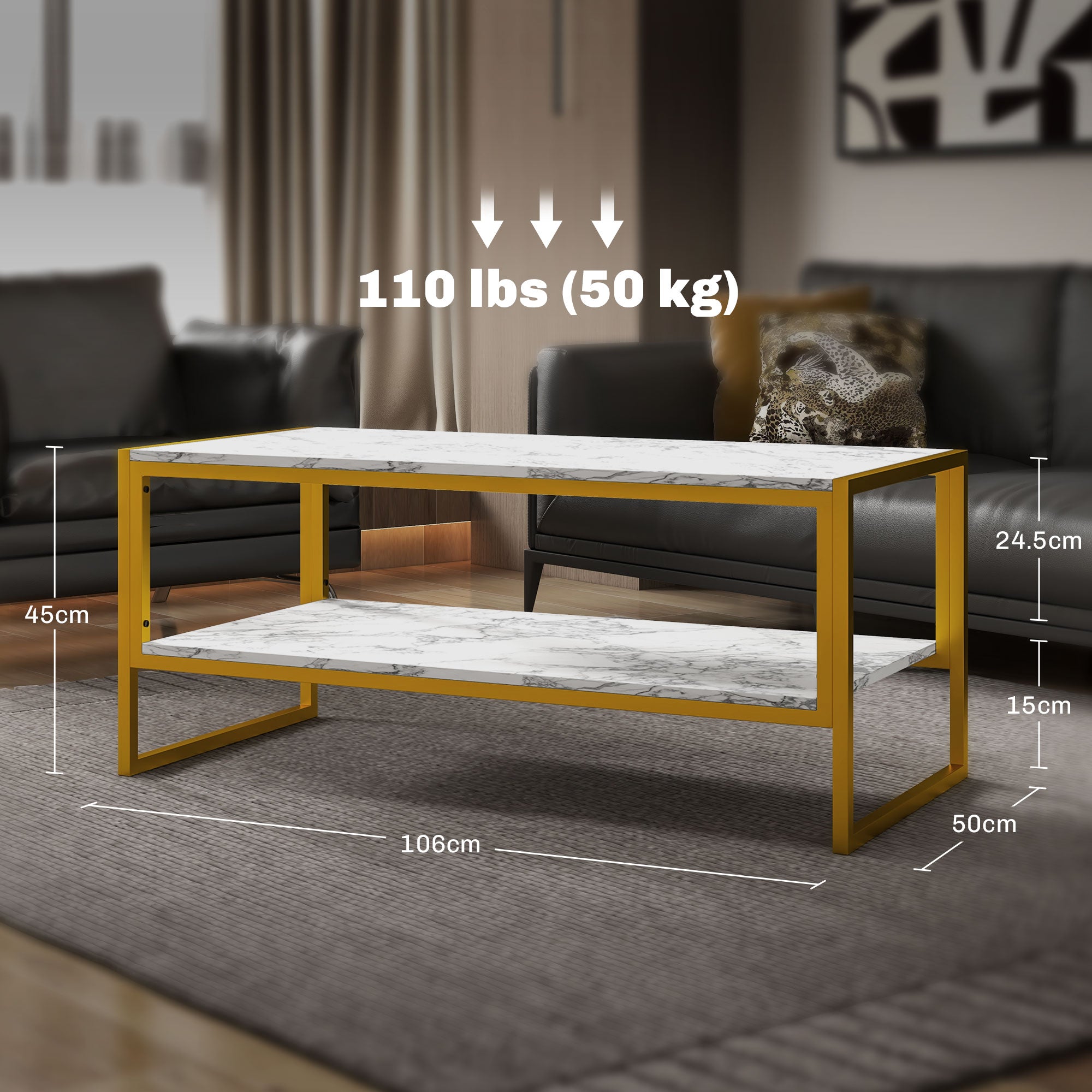 HOMCOM Coffee Table, Two-Tier Marble Centre Table with Metal Frame and Storage Shelf for Living Room, 106 x 50 x 45cm, White 