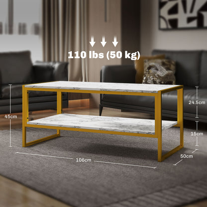 HOMCOM Coffee Table, Two-Tier Marble Centre Table with Metal Frame and Storage Shelf for Living Room, 106 x 50 x 45cm, White 