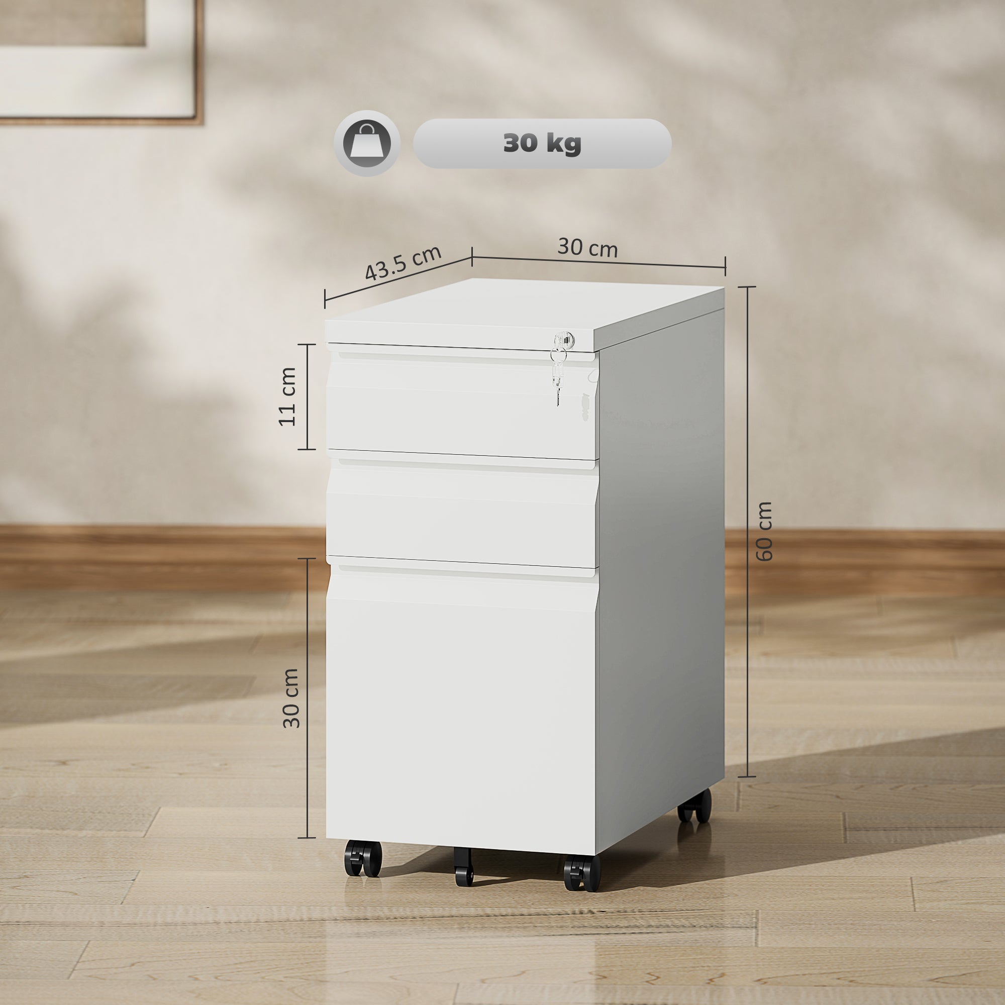 Vinsetto 3-Drawer Steel Filing Cabinet with Lock and Wheels - White 