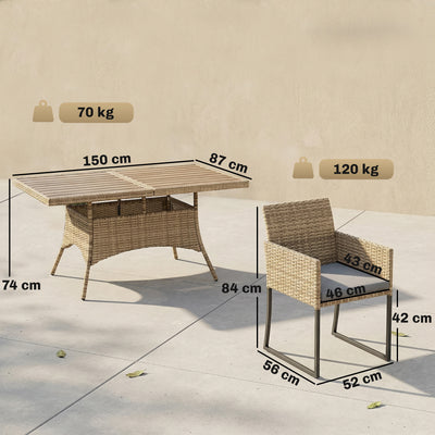 Outsunny 7 Piece Rattan Garden Furniture Set, Garden Dining Set with Wood-Plastic Table and 6 Stackable Chairs, Dark Grey 