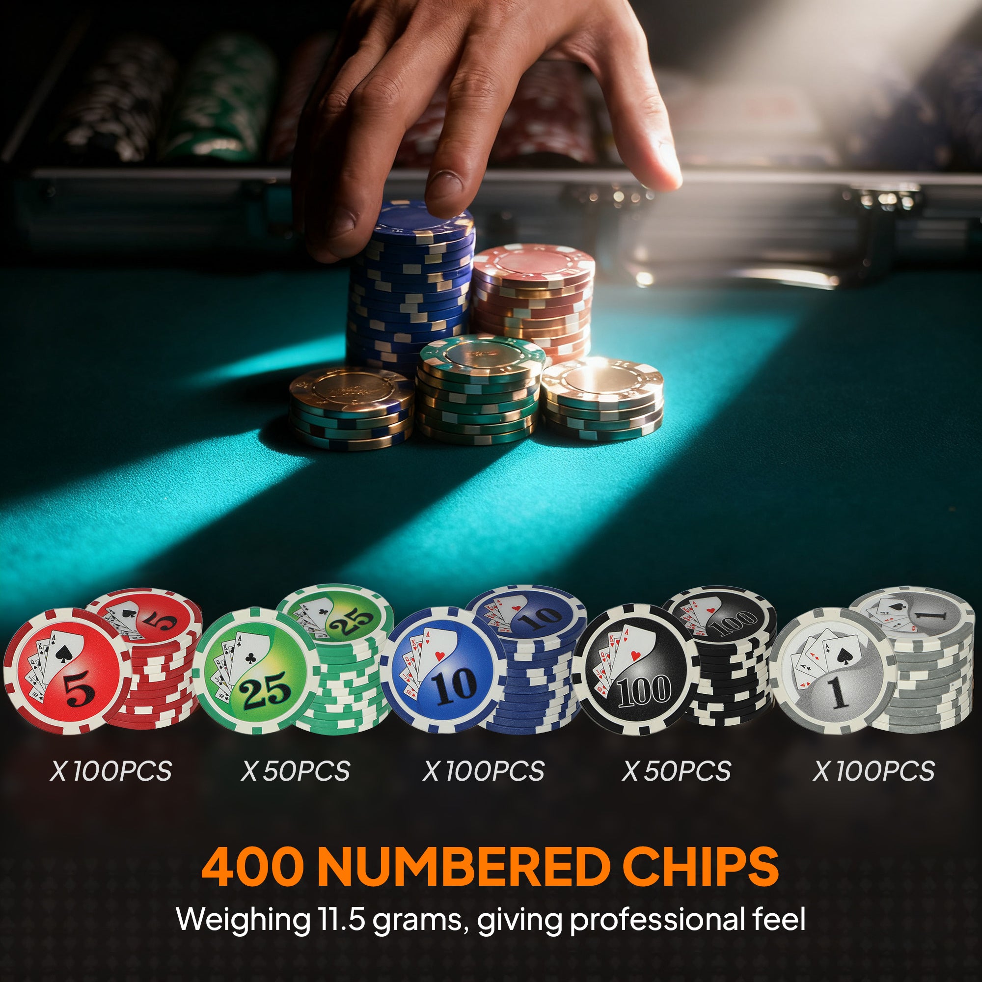 SPORTNOW 400-Piece Poker Chips Set with Lightweight ABS Case, Casino Texas Holdem Poker Set with Mat, 11.5g Numbered Poker Chips, Two Decks of Cards, Dealer, Five Dices, Grey 