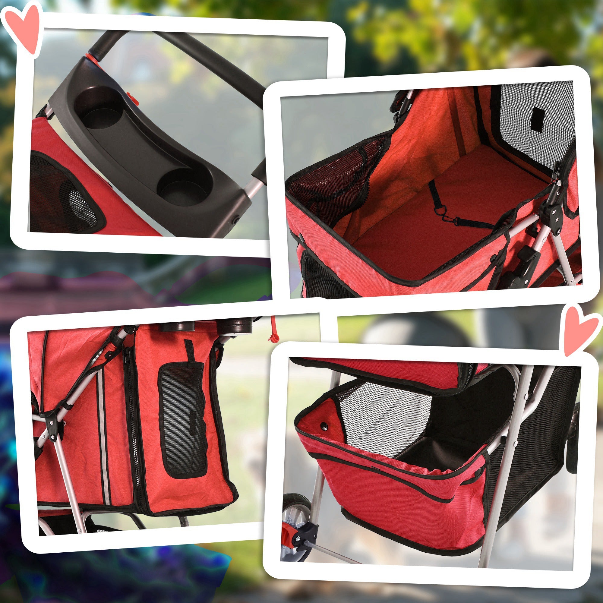 PawHut Pet Stroller for Small Miniature Dogs Cats Foldable Travel Carriage with Wheels Zipper Entry Cup Holder Storage Basket Red 