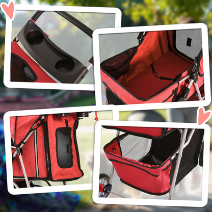 PawHut Pet Stroller for Small Miniature Dogs Cats Foldable Travel Carriage with Wheels Zipper Entry Cup Holder Storage Basket Red 