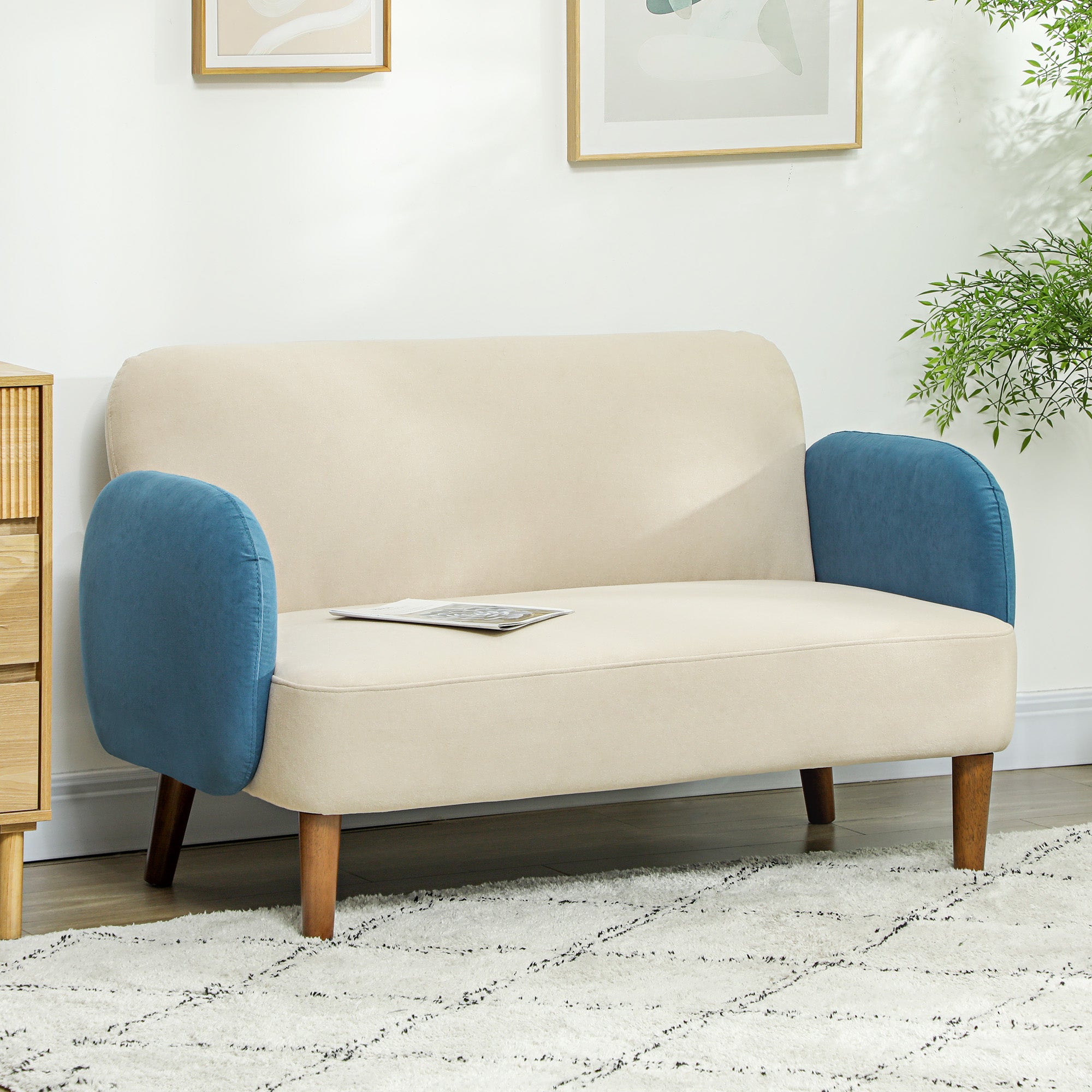 HOMCOM Two-Seater Velvet-Feel Mid Century Sofa - Cream/Blue 