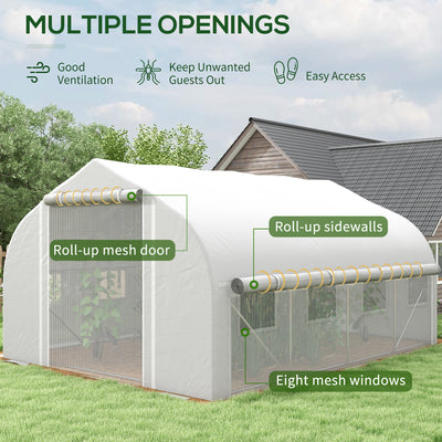 Outsunny 4 x 3(m) Walk-in Polytunnel Greenhouse, Zipped Roll Up Sidewalls, Mesh Door, 8 Mesh Windows, Tunnel Warm House Tent with PE Cover, Complimentary Plant Labels and Gloves, White 