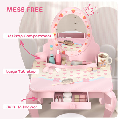 AIYAPLAY Kids Dressing Table Set, Vanity Table with Stool, Mirror, Drawer, Desktop Storage, Strawberry Theme, Pink 