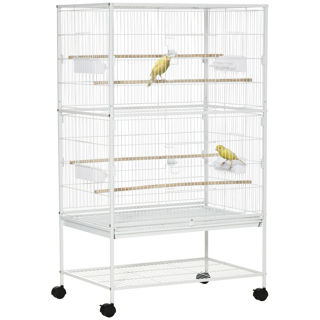 PawHut Large Bird Cage Budgie Cage for Finch Canaries Parakeet with Rolling Stand, Slide-out Tray, Storage Shelf, Food Containers, White 