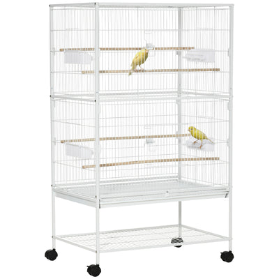 PawHut Large Bird Cage Budgie Cage for Finch Canaries Parakeet with Rolling Stand, Slide-out Tray, Storage Shelf, Food Containers, White 