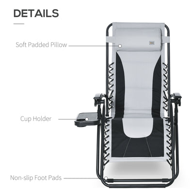 Outsunny Zero Gravity Lounger Chair, Folding Reclining Patio Chair with Padded Seat, Cup Holder, Soft Cushion and Headrest for Poolside, Camping, Light Grey 
