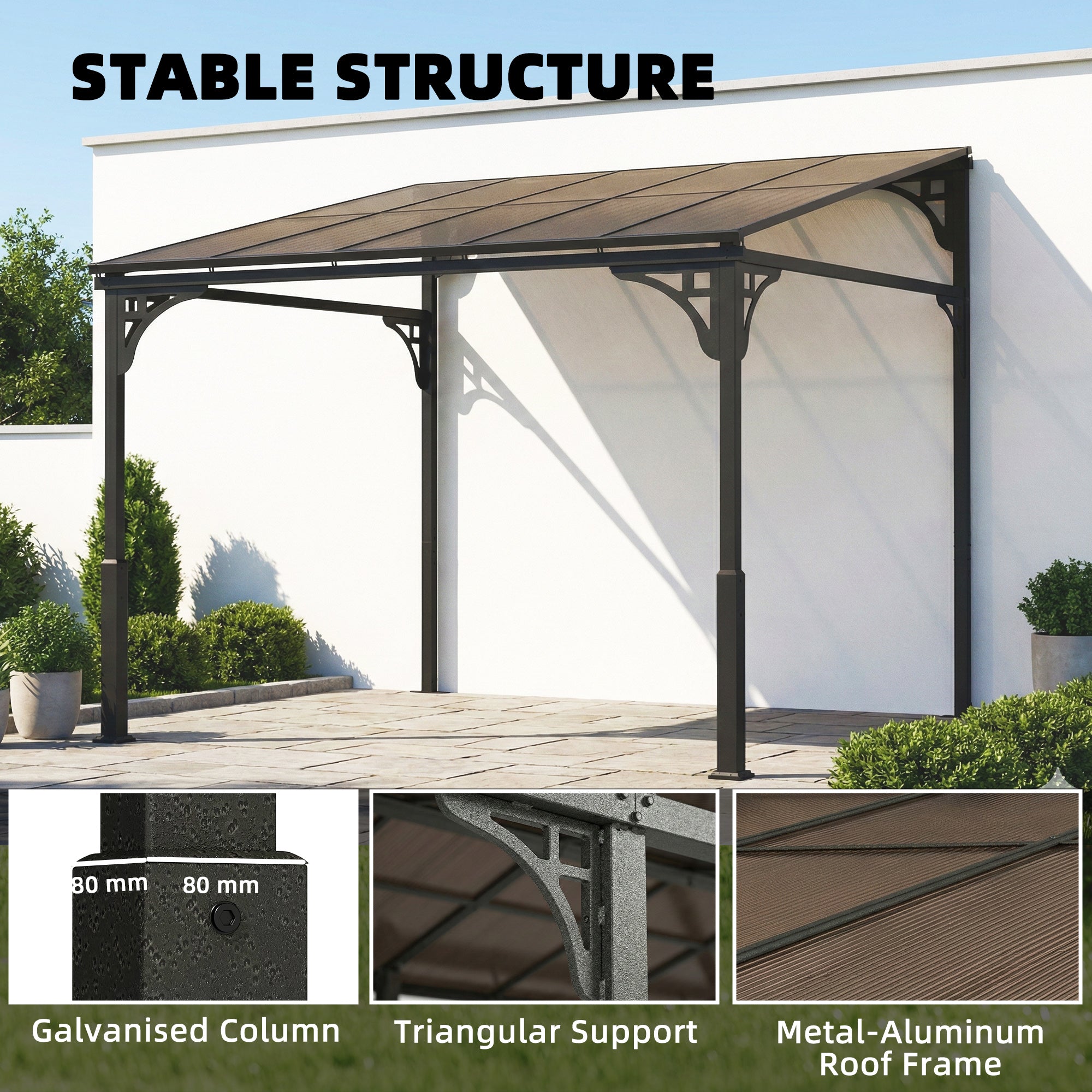 Outsunny 3 x 2.87 m Metal Lean-to Pergola, Wall-Mounted Hardtop Garden Pergola with Polycarbonate Roof and Metal-Aluminium Frame 
