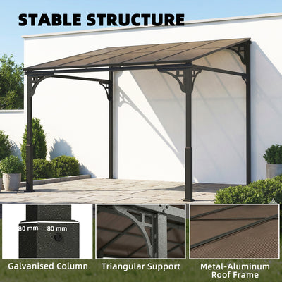 Outsunny 3 x 2.87 m Metal Lean-to Pergola, Wall-Mounted Hardtop Garden Pergola with Polycarbonate Roof and Metal-Aluminium Frame 