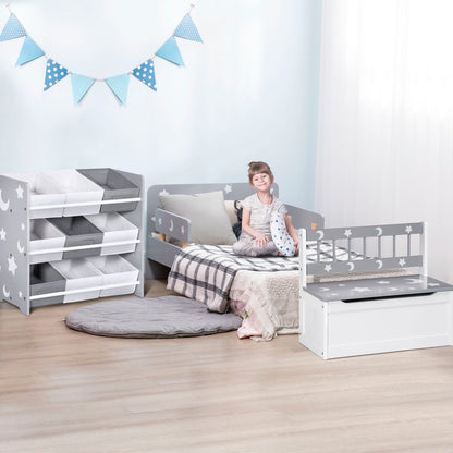 ZONEKIZ 3PCs Kids Furniture Bedroom Set with Bed, Toy Box Bench, Storage Unit with Baskets, Star and Moon Patterns, for 3-6 Years Old Boys Girls, Grey 